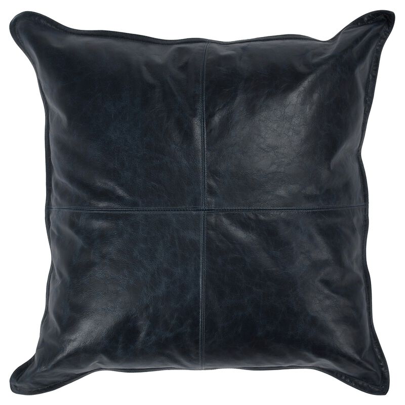 Norm 22 Inch Square Accent Throw Pillow, Pieced Design Classic Blue Leather-Benzara