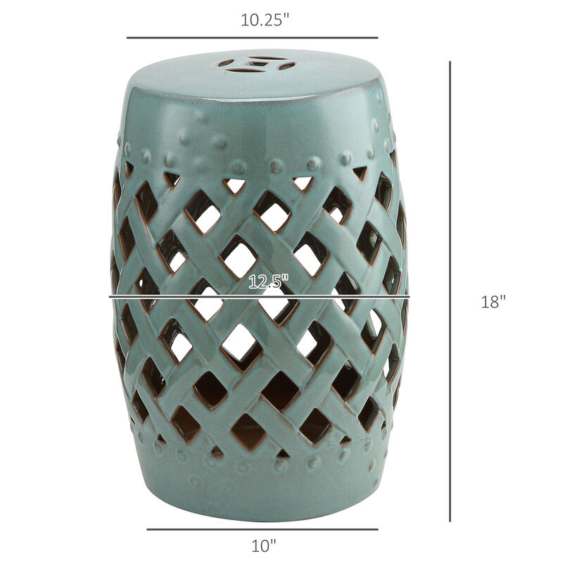 Outsunny 13" x 18" Ceramic Garden Stool with Woven Lattice Design & Glazed Strong Materials Decorative End Table, Antique Blue