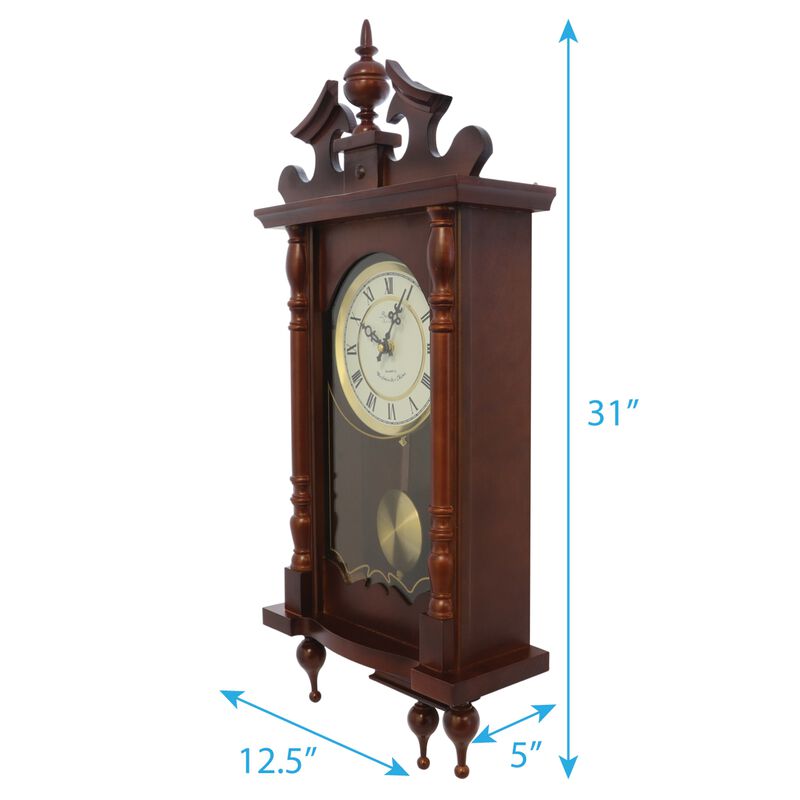 Bedford Clock Collection Classic 31 Inch Chiming Pendulum Wall Clock in Cherry Oak Finish