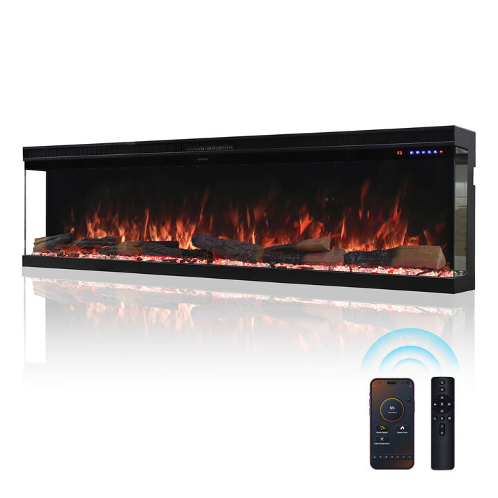 Mondawe 72" 3-Sided Recessed Electric Fireplace, 14-Color Flames, WiFi & Alexa, 3 Heat Settings, Adjustable Thermostat, 1500W