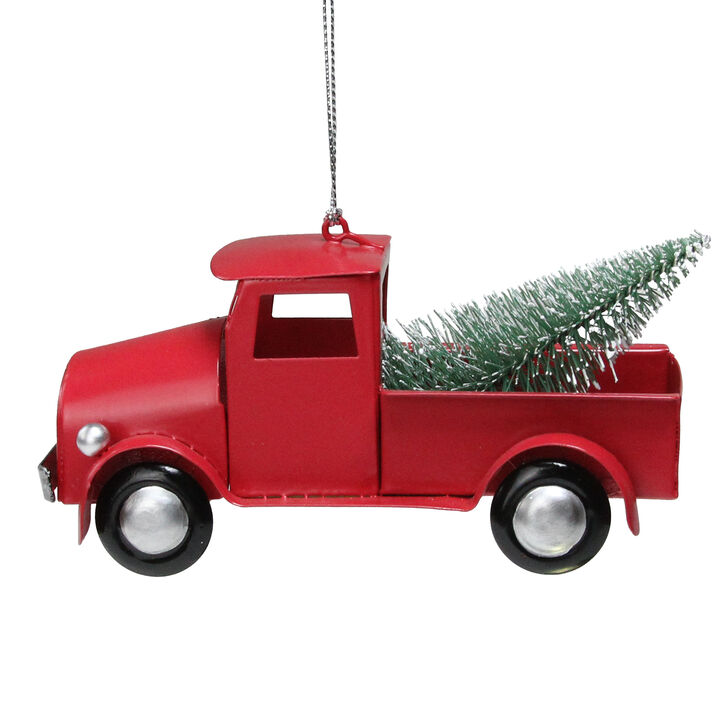 4.5" Red Vintage Style Truck with Frosted Tree Christmas Ornament