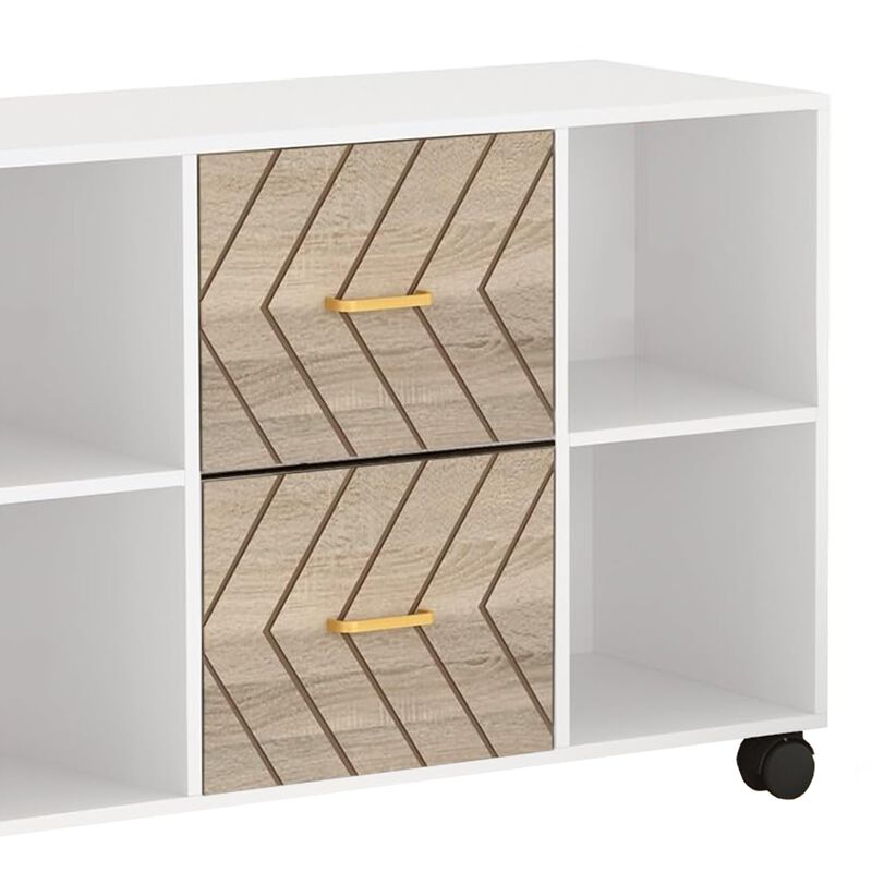 File Cabinet, 4 Storage Shelves, 2 Brown Drawers, Wheel Base 39 Inch - Benzara