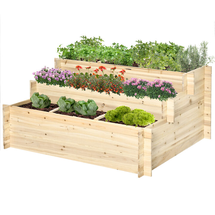 Outsunny 3 Tier Raised Garden Bed with 9 Grow Grids and Bed Liner, Elevated Wooden Planter Kit, Flower Box for Vegetables, Herb Outdoor Indoor Use, 46 x 39 x 21in