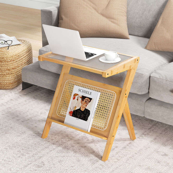 Boho End Table with Magazine Rack and Tempered Glass Top