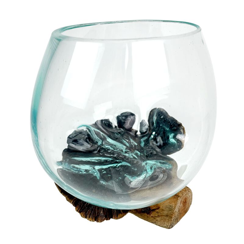 Melted Glass On Gamal Root Wood Decorative Bowl Vase Terrarium Planter image number 3