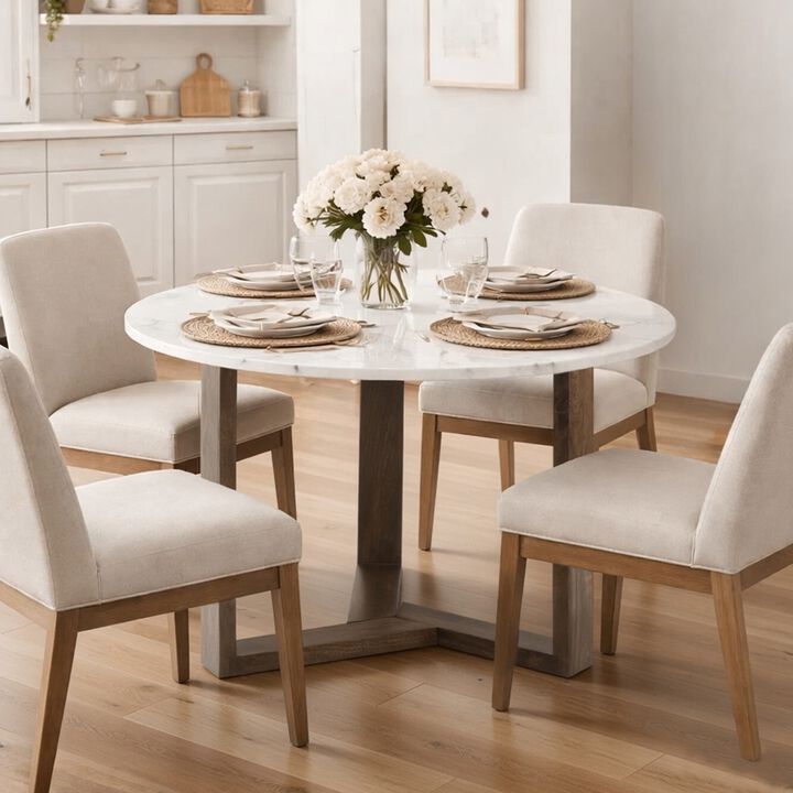 Fina 48 Inch Round Dining Table, White Genuine Marble Top, Natural Brown Mango Wood 3 Leg Sled Base