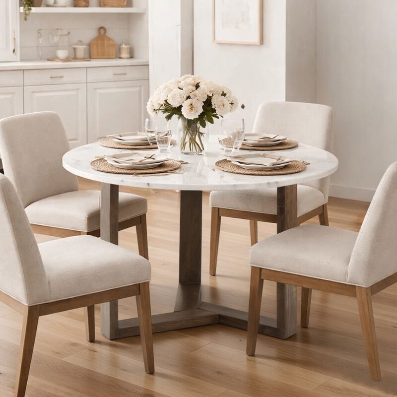 Fina 48 Inch Round Dining Table, White Genuine Marble Top, Natural Brown Mango Wood 3 Leg Sled Base image number 1