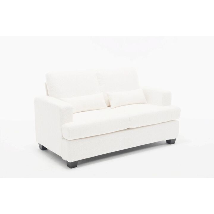 63" Length Modern Loveseat for Living Room, Sofas couches with Square Armrest, Removable back Cushion and 2pcs waist pillow (White Gray Fabric)