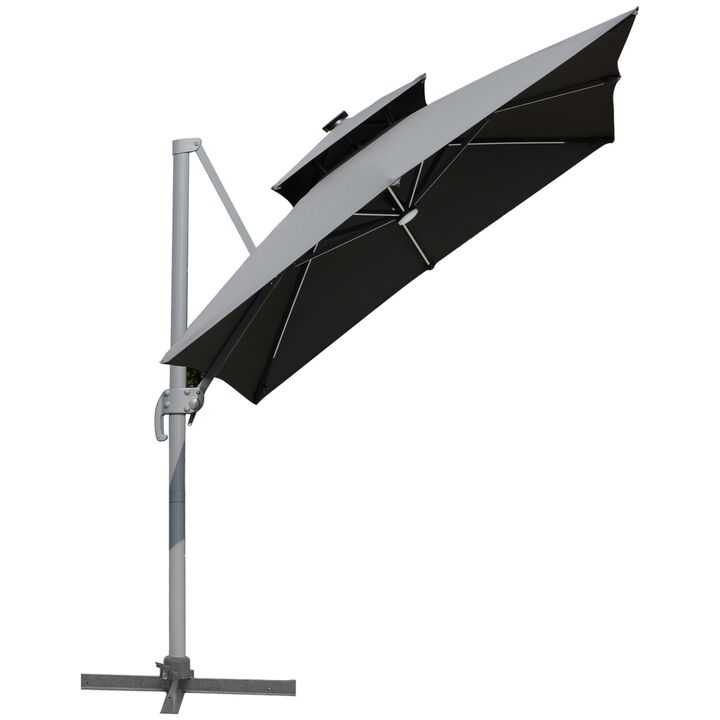 10ft Solar LED Cantilever Umbrella, Offset Hanging Umbrella with 360Â°Rotation, Cross Base, 8 Ribs, Tilt and Crank for Yard, Garden, Grey