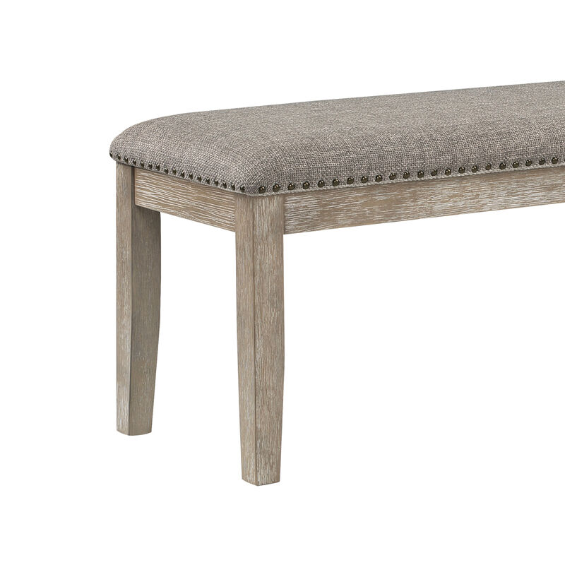 Ruth 64 Inch Bench, Nailhead Trim, Polyester Upholstery, Gray Solid Wood - Benzara
