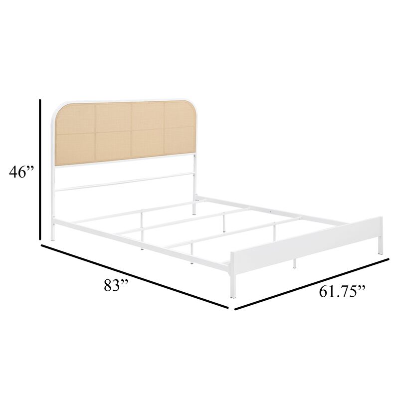 Ammy Queen Bed, Radio Weave Headboard, Brown Faux Rattan, White Metal  - Benzara