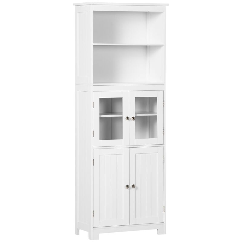 White Kitchen Tower: 63" Hutch Cabinet with 4-Door Pantry Storage