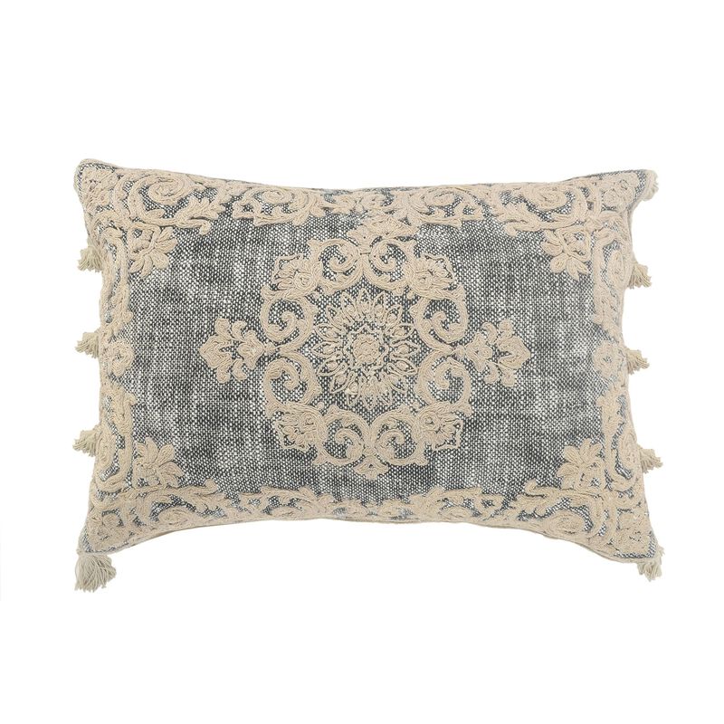 20" Gray and Ivory Medallion Lumbar Throw Pillow