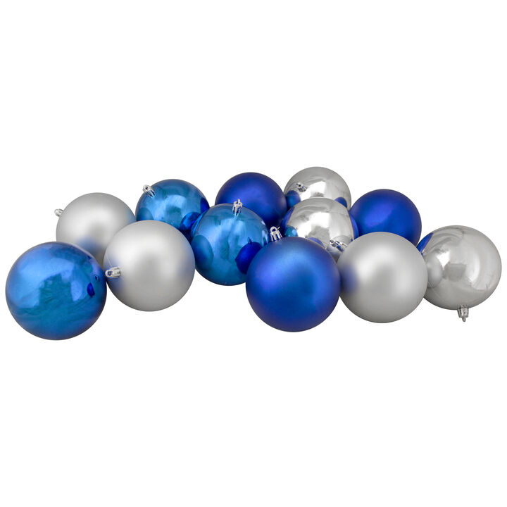 12ct Silver and Blue 2-Finish Shatterproof Ball Christmas Ornaments 4"