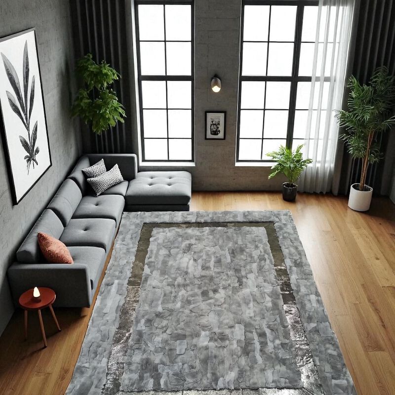 Gray Rabbit Fur Rug with Shiny Border, Soft Rex Rabbit Carpet, Custom Size Rectangular Area Rug, Luxury Fur Living Room Rug image number 4