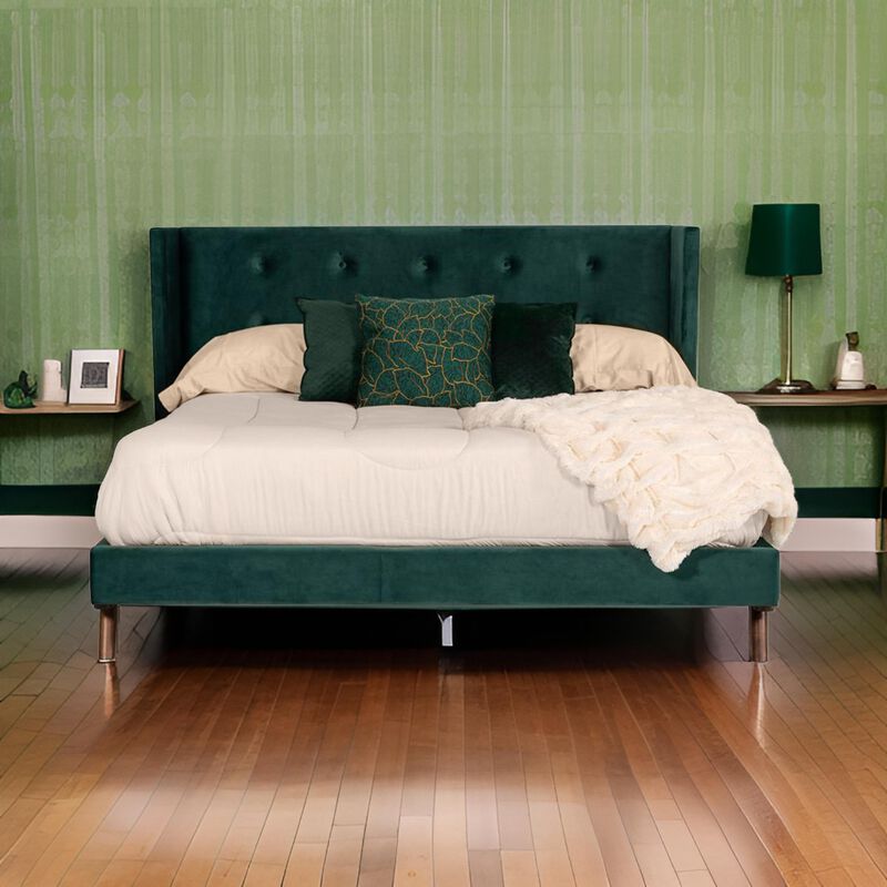 Dury King Size Platform Bed, Green Velvet Upholstery, Tufted Wingback - Benzara