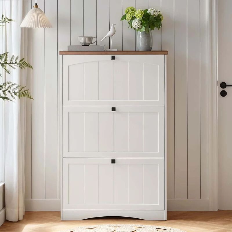 Large Shoe Storage Cabinet with Flip-Down Drawers for 24 Pairs Shoes-White image number 4