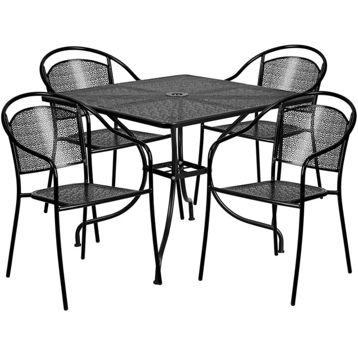 Flash Furniture Oia Commercial Grade 35.5" Square Black Indoor-Outdoor Steel Patio Table Set with 4 Round Back Chairs