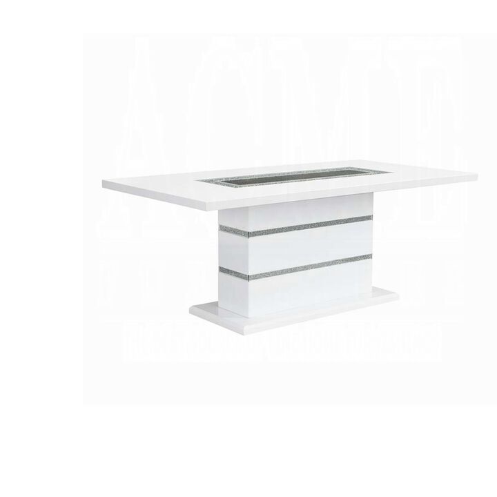Zav Dining Table, 79 Inch Rectangular Top, White Gray Pedestal Base