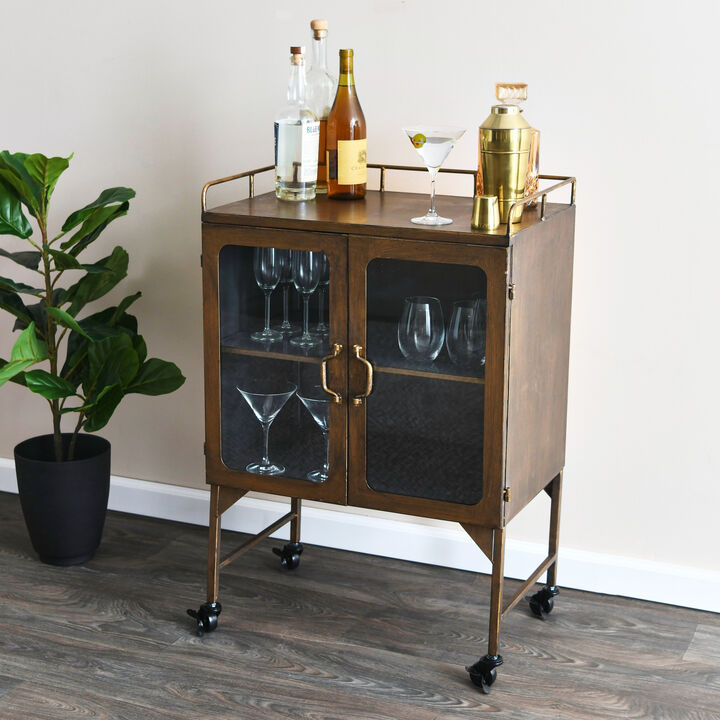 Metal Bar Cabinet with Glass Doors and Wheels, Gold and Antique Brass