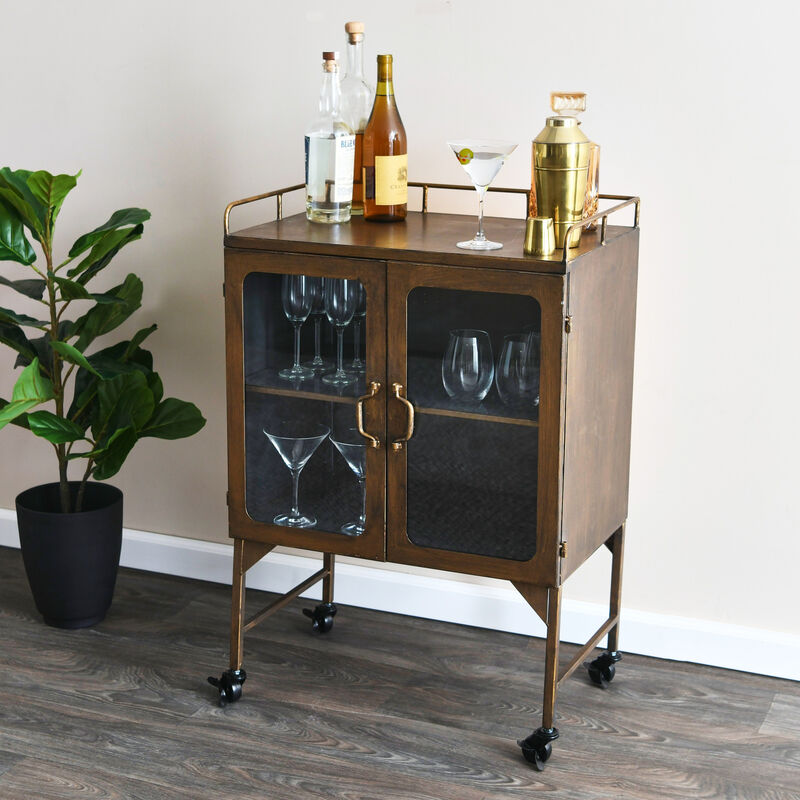 Metal Bar Cabinet with Glass Doors and Wheels, Gold and Antique Brass image number 1