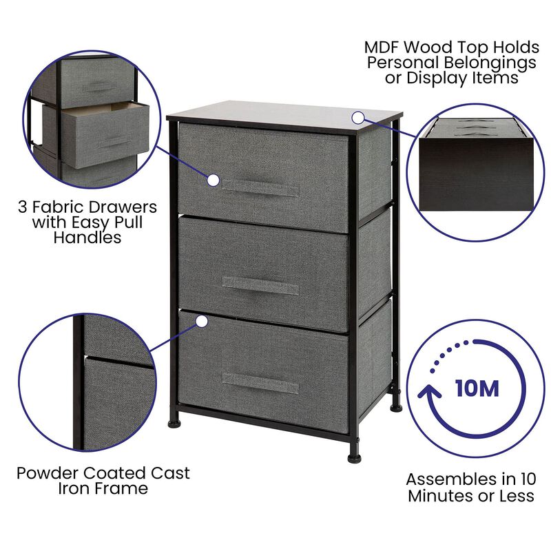 Flash Furniture Harris 3 Drawer Storage Dresser - Black Cast Iron Frame and Wood Top - 3 Easy Pull Dark Gray Fabric Drawers