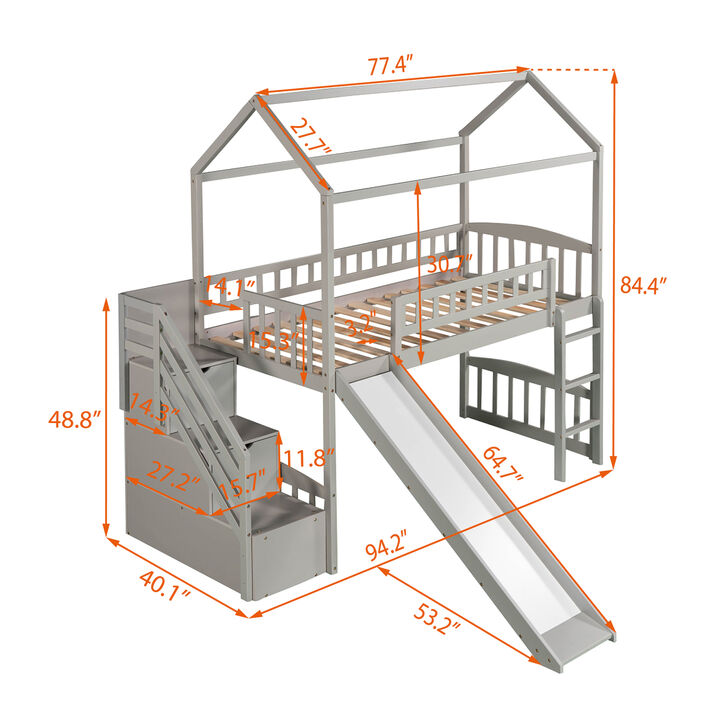 Twin Loft Bed with Two Drawers and Slide, House Bed with Slide, Gray