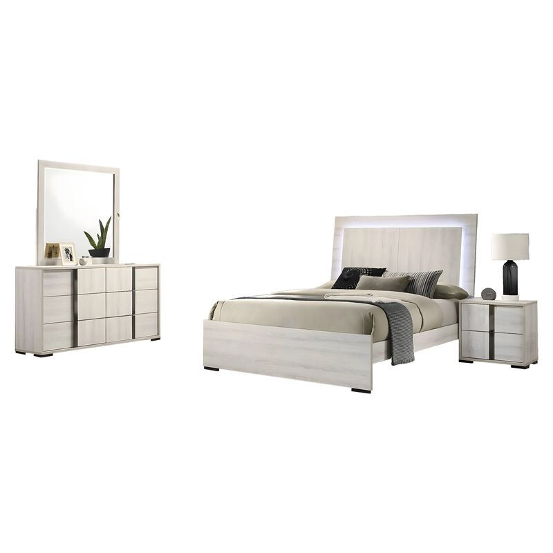Hyao 4pc Queen Bedroom Set w LED Headboard, Whitewash, Dresser Mirror image number 0