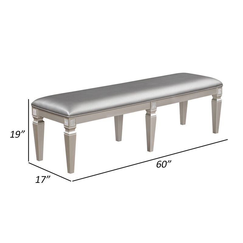 Scott 60 Inch Dining Bench, Sparkling Silver Gray Faux Leather, Wood Frame - Benzara