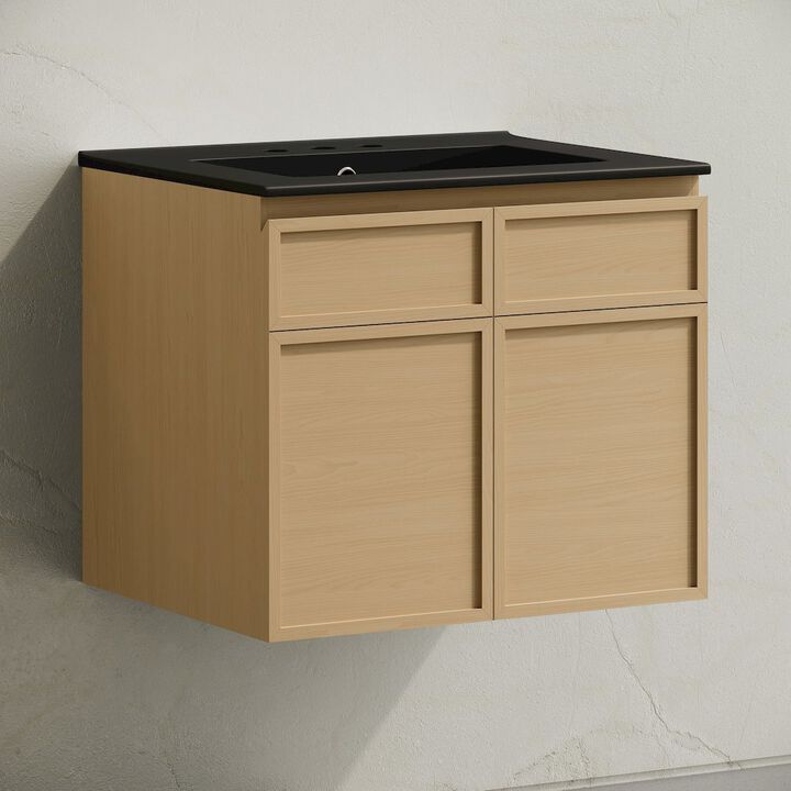 24" Wall-Mounted Bathroom Vanity, Natural Oak, Black 3-Hole Widespread Sink Top