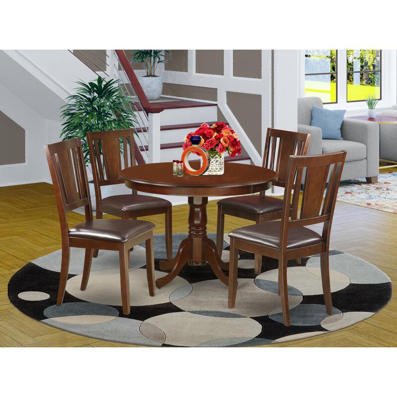 East West Furniture 5  Pc  set  with  a  Round  Dinette  Table  and  4  Leather  Kitchen  Chairs  in  Mahogany
