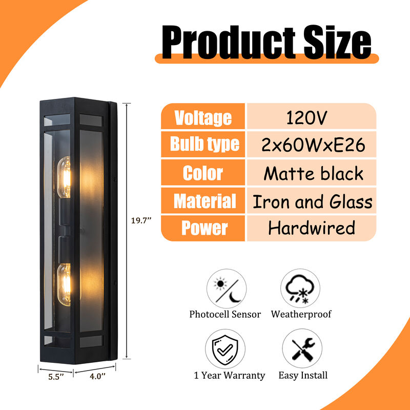 2-Light H20" Modern Black Outdoor Wall Light with Dusk-to-Dawn Sensor and Clear Tempered Glass Weather-Resistant Front Door Garage Exterior Lighting Fixture image number 5