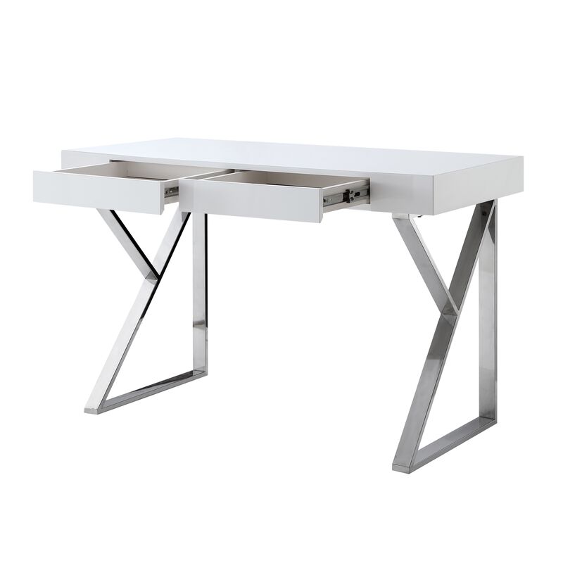 Inspired Home Octavia High Gloss Desk with Polished Stainless Steel Base