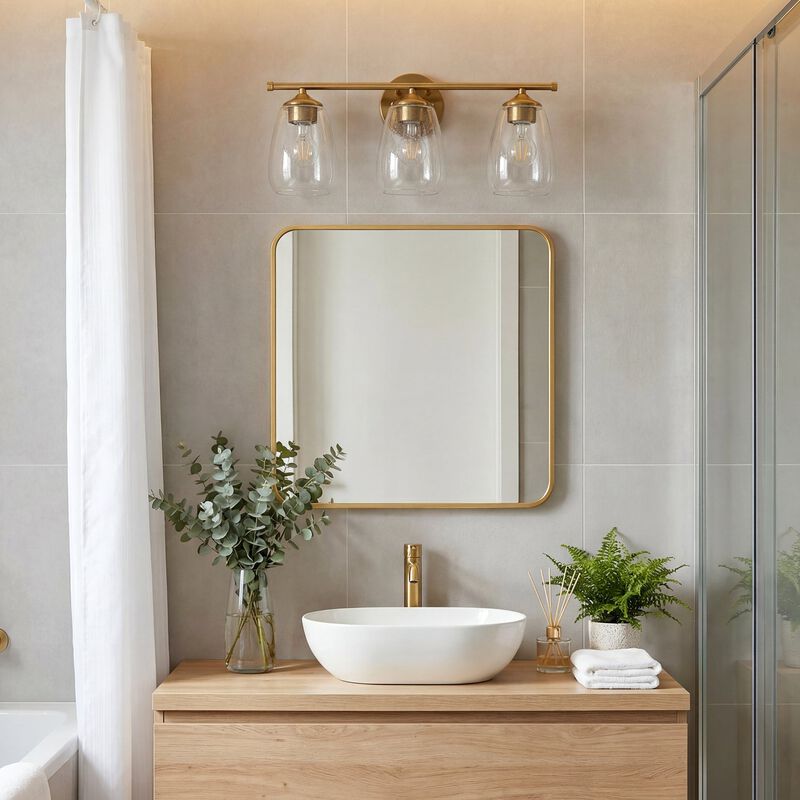 Gold Bathroom Vanity Light, Three-Light Bubble Glass Shades image number 5