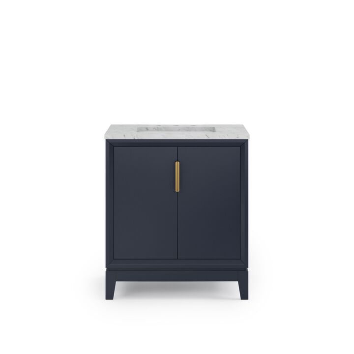 Elizabeth 30 In. Single Sink Carrara White Marble Countertop Bath Vanity In Monarch Blue with Satin Gold Hardware