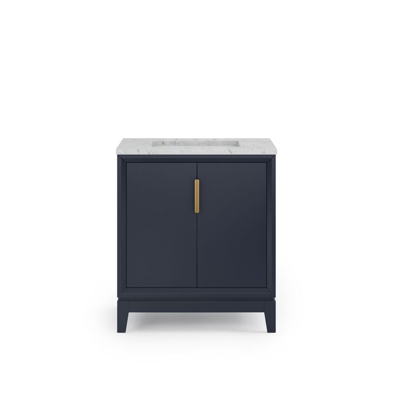 Elizabeth 30 In. Single Sink Carrara White Marble Countertop Bath Vanity In Monarch Blue with Satin Gold Hardware