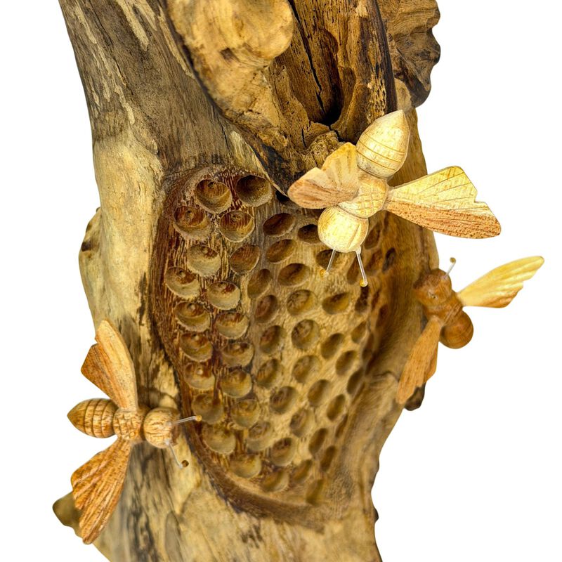 Wood Beehive Decorative Sculpture Natural Standing Accent With 3 Bees image number 3