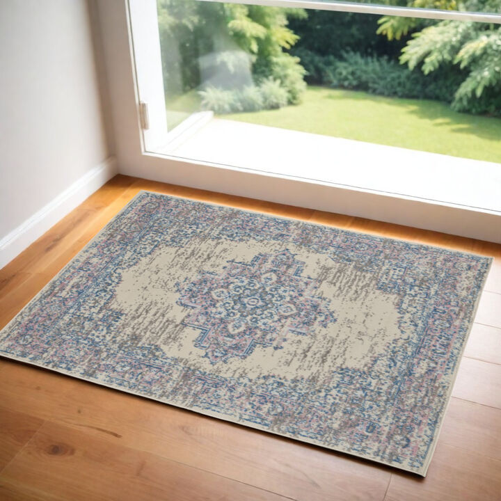 HomeRoots Medallion Distressed Non Skid Area Rug