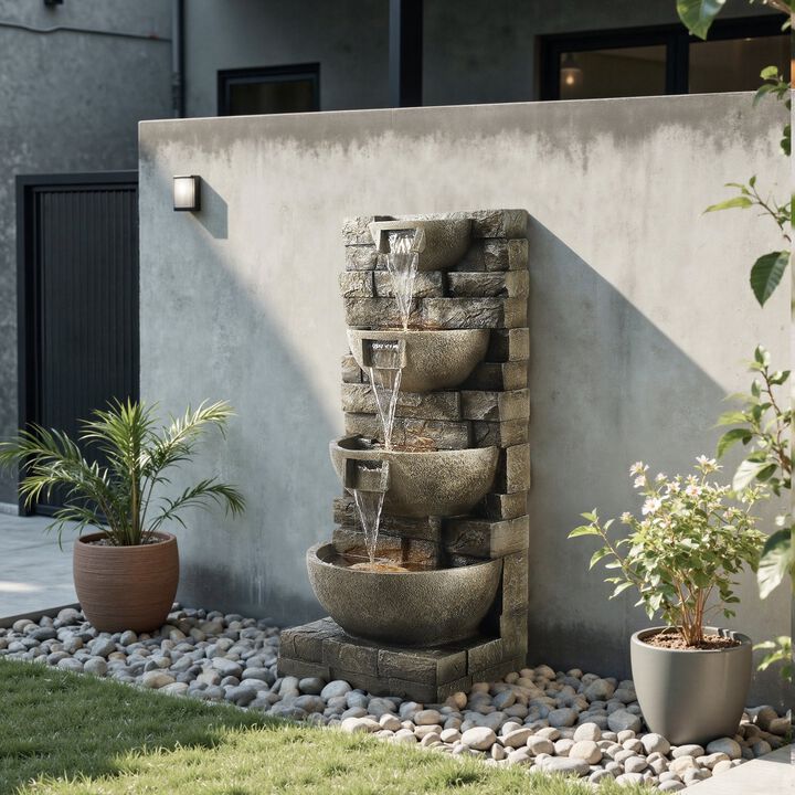 4-Tier Waterfall Fountain with Built-In LED Lights, Floor Standing Water Feature for Patio Garden-Concrete Grey