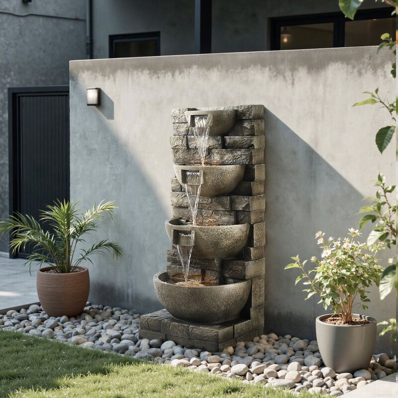 4-Tier Waterfall Fountain with Built-In LED Lights, Floor Standing Water Feature for Patio Garden-Concrete Grey image number 1