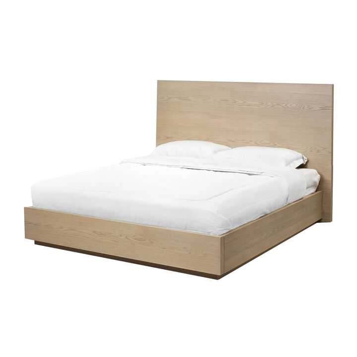 Aziel Queen Platform Bed, Panel Headboard, Mitered Edges, White Oak Brown - Benzara