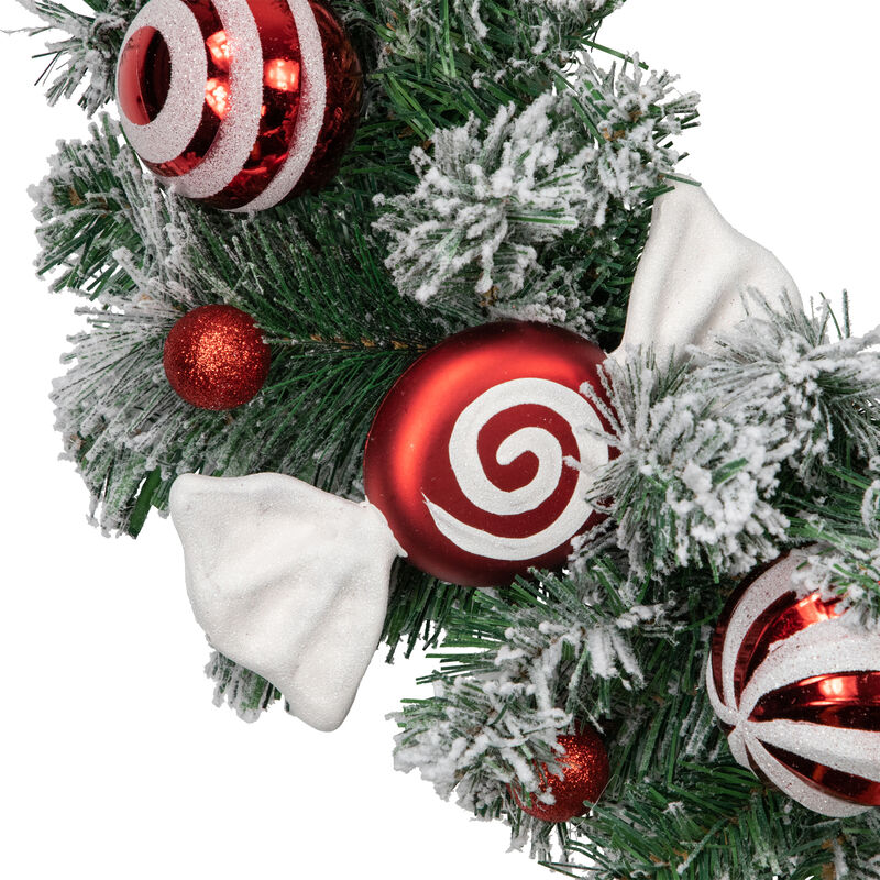 Frosted Pine Artificial Christmas Wreath with Swirled Candy Ornaments  24-Inch image number 3