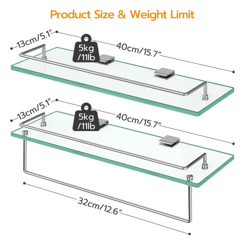 Wall-Mounted Glass Shelves Set of 2 with Durable Stainless Steel Frame-Silver image number 2