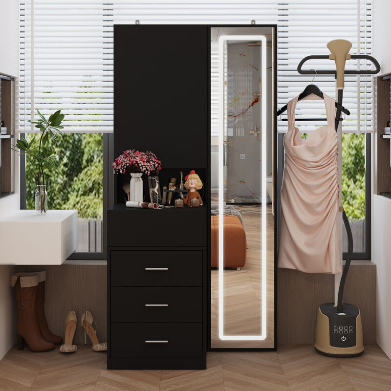 FUFU&GAGA Modern Lighted Vanity Mirror Dresser with 3 Drawers and 1 Sliding Cabinet, Full-Length Mirror, (31.5 in. W x 13 in. D x 63 in. H), Black image number 1