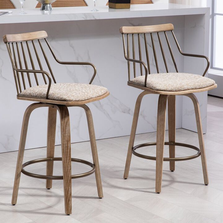 Glamour Home Beatrice Brown and White Woven Fabric Counter Stool with Natural Wood Legs