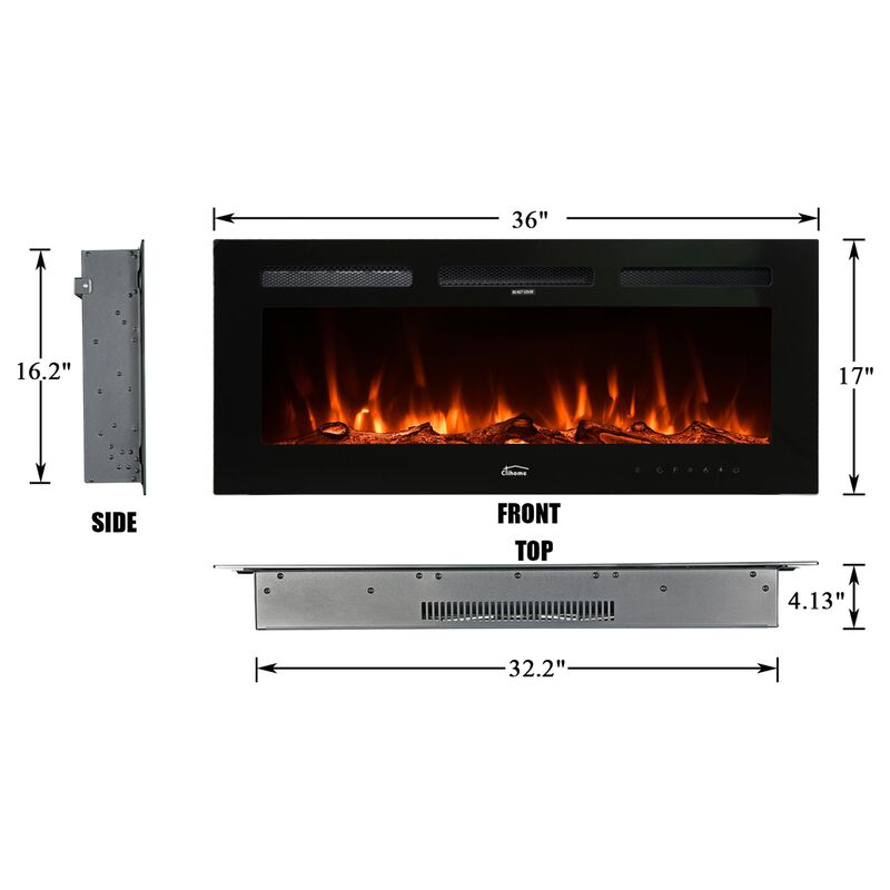 Clihome 36in 750/1500W Wall Mount/Recessed Electric Fireplace Fire Places Electric Fireplace Inserts with Timer, Remote Control, Adjustable Flame Color