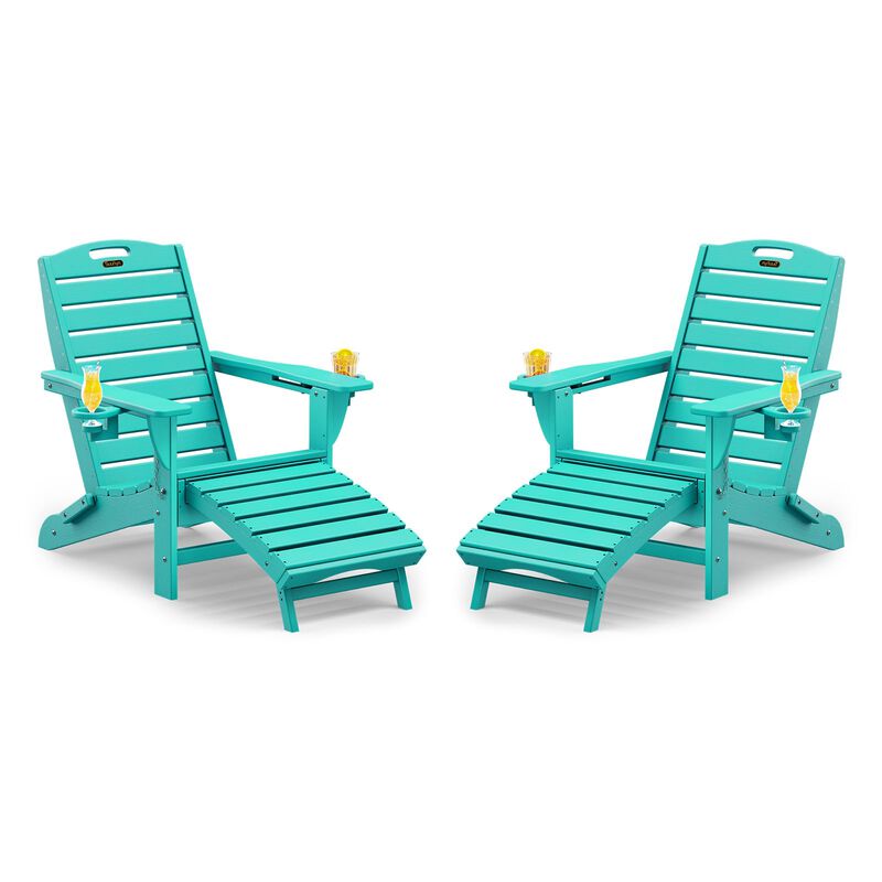 SUUNYN Folding Adirondack Chairs Set of 2,Adirondack Chair with Retractable Ottoman,Plastic Adirondack Chairs with 2 Cup Holder,