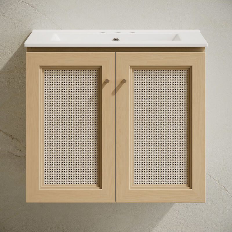 24" Wall-Mounted Bathroom Vanity, Natural Oak, Centerset Faucet Holes Vanity Top image number 3