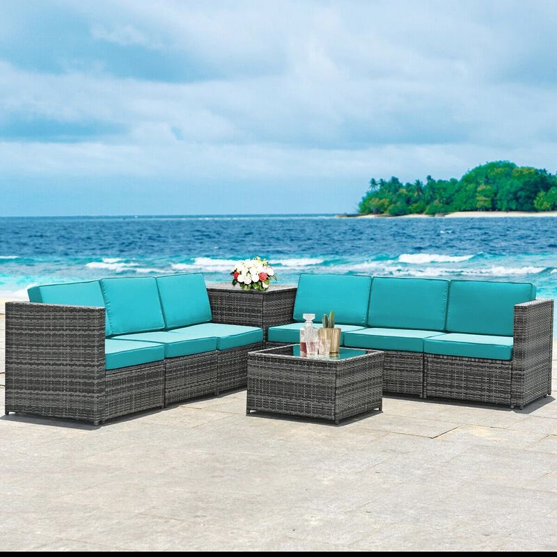 Mondawe 8 Pieces Wicker Sofa Rattan Dining Set Patio Furniture with Storage Table
