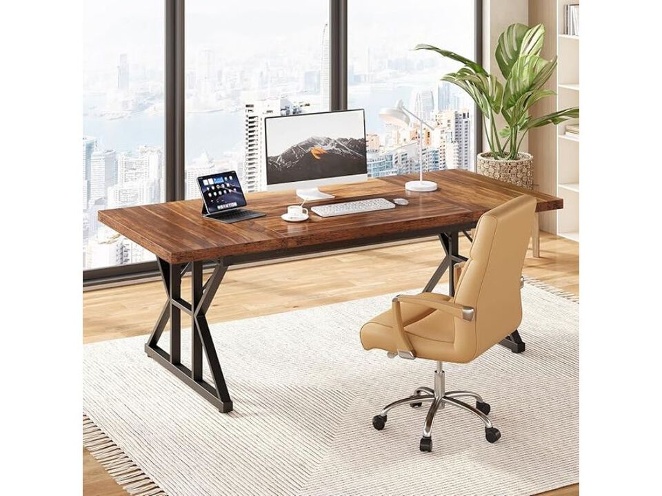 Office Desk &ndash; 70.8" Brown‑Black Wooden Executive Writing Table for Home & Work